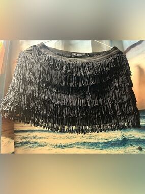 Black Tiered Fringe Mini Skort Skirt with Shorts Stretchy Zara Small to Medium M